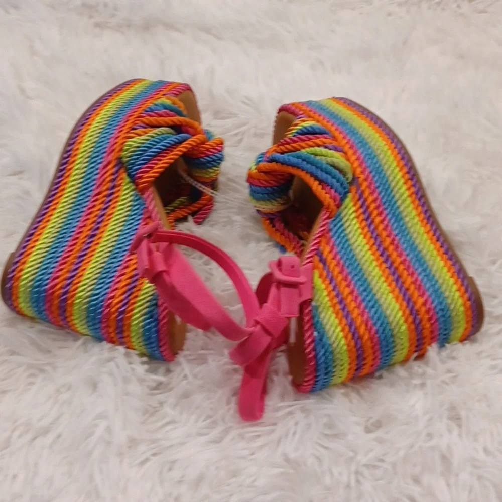 Gianni Bini Rainbow Striped Platform Sandals with Pink Straps